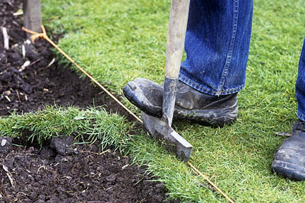 Close up of lawn edge being cut with half moon and string guide.